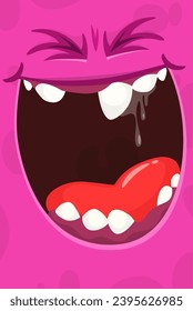 Laughing pink cartoon monster face.  Illustration of cute and happy monster expression.
 Halloween design. Great for party decoration