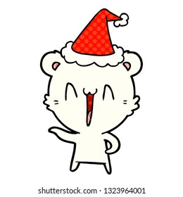 laughing polar bear hand drawn comic book style illustration of a wearing santa hat