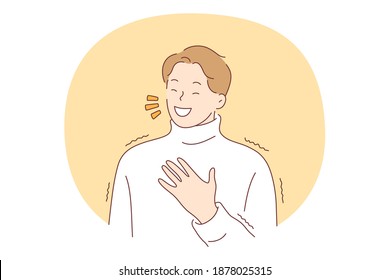 Laughing, positive emotion, happiness concept. Young positive man laughing because of funny silly joke or situation and showing white teeth. Smiling and joyful facial expression illustration