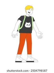 Laughing preteen boy 2D cartoon character. Caucasian white blond schoolboy with backpack isolated flat vector person white background. Elementary school kid excited giggling color spot illustration