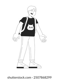 Laughing preteen boy black and white 2D line cartoon character. Caucasian white blond schoolboy with backpack isolated vector outline person. Elementary kid giggling monochromatic spot illustration