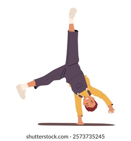 Laughing preteen boy child cartoon character standing upside down on one hand smiling feeling joy vector illustration. Youngster breakdance performance, success celebration, aerobics activity