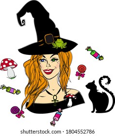 Laughing pretty witch with red hair in a witch hat with candies. Different eyes, heterochromia. Halloween