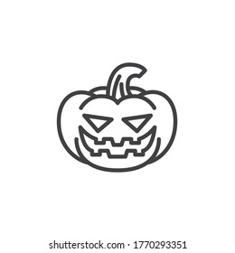 Laughing pumpkin face emoji line icon. linear style sign for mobile concept and web design. Halloween pumpkin emoticon outline vector icon. Symbol, logo illustration. Vector graphics