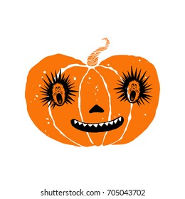 A laughing pumpkin with monsters in the eye sockets. Halloween postcard.  Vector illustration on white background.