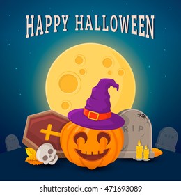 Laughing pumpkin in witch hat. Halloween party background design. Eps 10 vector illustration