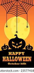 Laughing pumpkins with spiders climbing down their webs illustration. Halloween silhouette poster
