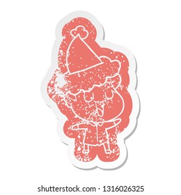 laughing quirky cartoon distressed sticker of a man wearing santa hat