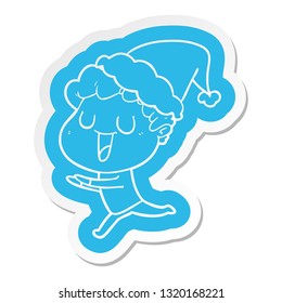 laughing quirky cartoon  sticker of a man running wearing santa hat