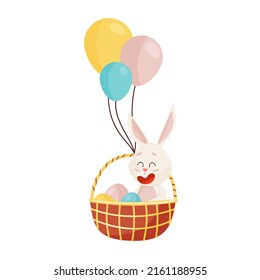 laughing Rabbit Sitting into Basket with Eggs and Balloons