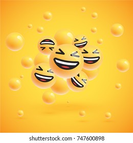 Laughing realistic smileys with yellow background, vector illustration