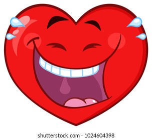 Laughing Red Heart Cartoon Emoji Face Character With Smiling Expression. Vector Illustration Isolated On White Background