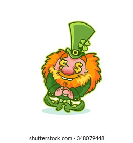 Laughing red-haired gnome in green costume with gold fever. Funny cartoon character on a white background. Shaggy leprechaun celebrating St Patrick's Day. Wealthy leprechaun.