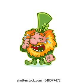 Laughing red-haired gnome in green costume. Funny cartoon character on a white background. Shaggy leprechaun celebrating St Patrick's Day. Laughter to tears