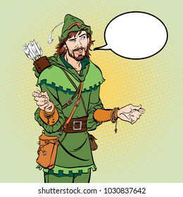 Laughing Robin Hood. Wondering Robin Hood. Medieval legends. Heroes of medieval legends. Halftone background.