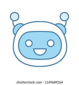 Laughing robot emoji color icon. Happy chatbot smiley with broad smile and open eyes. Chat bot emoticon. Artificial conversational entity. Artificial intelligence. Isolated vector illustration