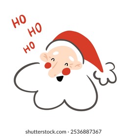 Ilustração da cabeça do Papai Noel rindo. Desenho animado retrato de símbolo de Natal com letras " Ho Ho Ho Ho". Modelo para cartão de mensagem.