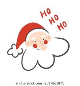 Laughing Santa Claus head illustration. Cartoon doodle portrait of Christmas symbol with lettering " Ho Ho Ho". Template for greeting card.