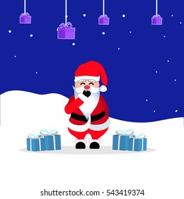 laughing Santa Claus in red costume with blue gift boxes and fir on snowy background 