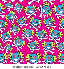 laughing scary clown in vector.pattern with subcultural object.clown pirate with bones. pattern for fabric, background, print. Series of teenage patterns and icons