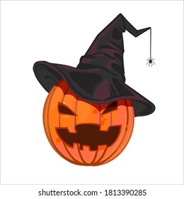 Riendo un siniestro jack o linterna en el sombrero negro de una bruja con una araña. Calabaza naranja espeluznante de Halloween con gorro negro aislado en fondo blanco. Ilustración vectorial dibujada por mano