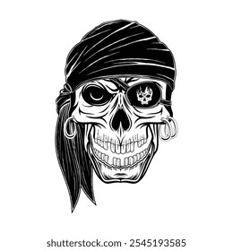 Laughing skull of a biker. Pirate symbol. Black tattoo. Laughing loudly skeleton. Head of the monster. Jolly Roger. Vector illustrations for t shirt print. Grunge style.