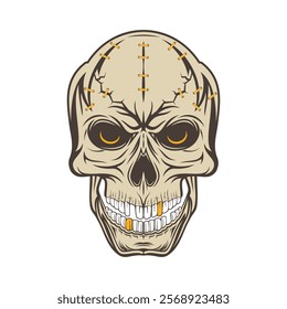 Laughing skull of a biker. Pirate symbol. Head of the monster. Jolly Roger. Colored tattoo. Vector illustrations for t shirt print. Grunge style.