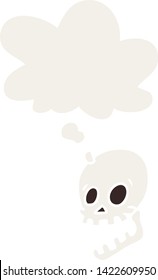 laughing skull cartoon with thought bubble in retro style