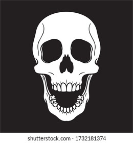 laughing skull with open mouth against black background. vector illustration, comic, isolated, horror.