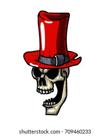 Laughing skull in top hat hand drawn image. Original colorful artwork, comic childish style drawing.