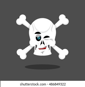 Laughing Skull winks emotion. Crossbones. Cheerful skeleton head
