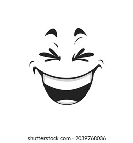 Laughing smile with eyes winked of joy isolated face. Vector emoticon with broad kind smile and blinked eyes. Satisfied avatar expression, comic head with blinked eyes funny joke sign chatboat emblem