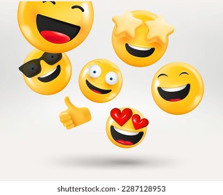 Laughing and smiling emojis falling down. 3d vector illustration