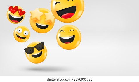 Laughing and smiling emojis falling down. 3d vector banner with copy space