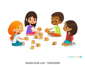 Laughing and smiling kids sit on floor in circle, play with toy cubes and talk. Children's entertainment, preschool and kindergarten activity concept. Vector illustration for website, banner, poster.