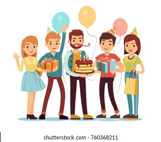 Laughing and smiling people with gifts and cake. Happy birthday vector concept. People on birthday with gift and cake celebration illustration