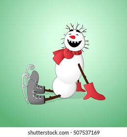 Laughing Snowman fallen on his back with figure skates on his feet