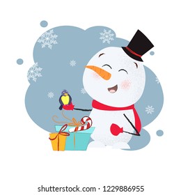 Laughing snowman postcard design. Drawing of snowman in black cylinder hat with bird and gift boxes on background with snowflakes. Can be used for topics like Christmas, holiday, festival, cartoon