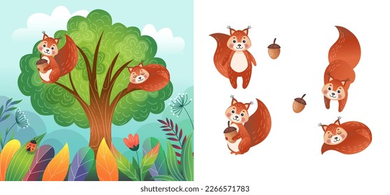 Laughing squirrels on tree. Hilarious wildlife. Children landscape. Happy characters in woods. Zoo elements set. Animals sleep on oak branches. Mammals with acorns. Vector cartoon graphic