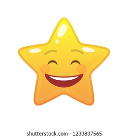 Laughing star shaped comic emoticon. Smiling face with facial expression. Glad emoji symbol for internet chatting. Funny social communication animated character. Mood message isolated vector element