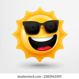 Laughing sun emoticon. 3d vector emoji isolated on white background 