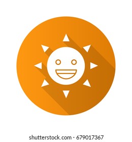 Laughing sun smile flat design long shadow glyph icon. Good mood. Happy sun face with smile. Summertime. Vector silhouette illustration