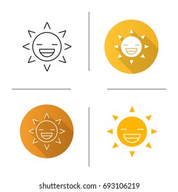 Laughing sun smile icon. Flat design, linear and color styles. Good mood. Happy sun face with broad smile and closed eyes. Isolated vector illustrations