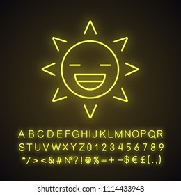 Laughing sun smile neon light icon. Summertime. Happy sun face with broad smile and closed eyes. Glowing sign with alphabet, numbers and symbols. Vector isolated illustration