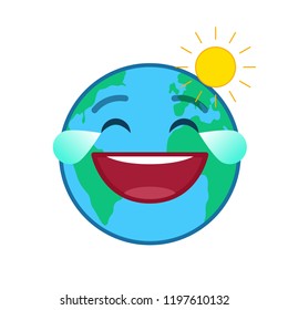 Laughing tears world globe isolated emoticon. Happy planet emoji. Social communication and weather widget. Cute face showing facial emotion. Funny earth with sun icon. Weather forecast vector element
