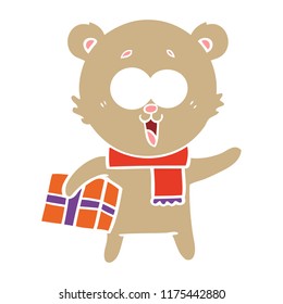 riéndose oso de peluche con regalo de navidad