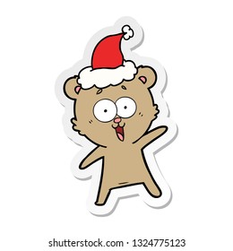 laughing teddy  bear hand drawn sticker cartoon of a wearing santa hat