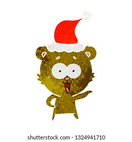 laughing teddy  bear hand drawn retro cartoon of a wearing santa hat