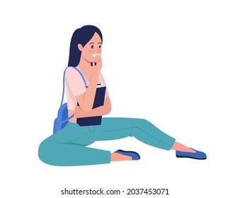 Laughing teen girl semi flat color vector character. Sitting figure. Full body person on white. Teenager isolated modern cartoon style illustration for graphic design and animation