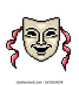 Laughing theatre face mask, pixel art icon isolated on white background. Ancient symbol of comedy. 8 bit old school vintage retro slot machine/video game graphics.